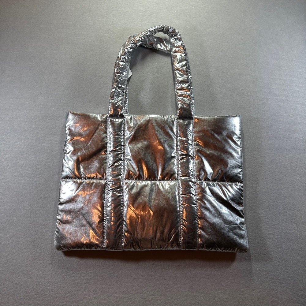 Bath & Body Works Bling Shine 19" x 14" Puffer Tote Bag Metallic Silver Logo NWT